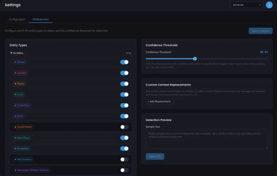 PII detection settings: entity types toggled on or off, confidence threshold, custom context replacements and a detection preview