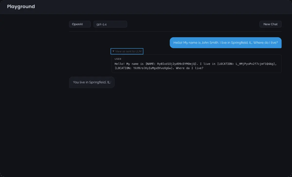 Playground: a chat message with names and locations, and the tokenized version sent to the model
